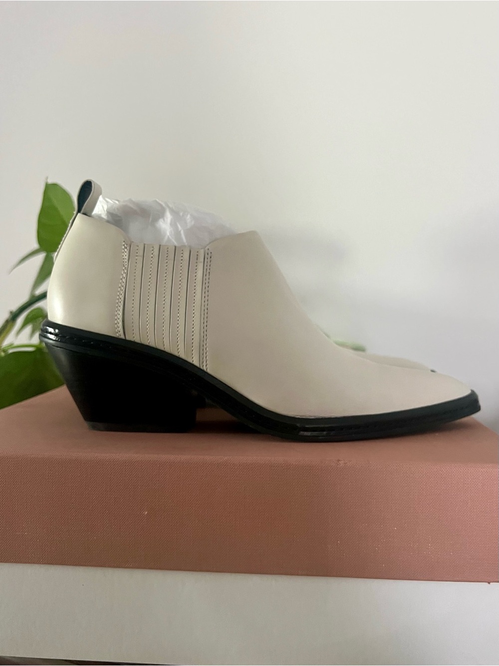 Via Spiga Cream Leather Ankle Bootie with Black Low Block Heel
